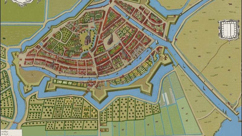 Digitaal ingekleurde stadskaart Brielle 1649