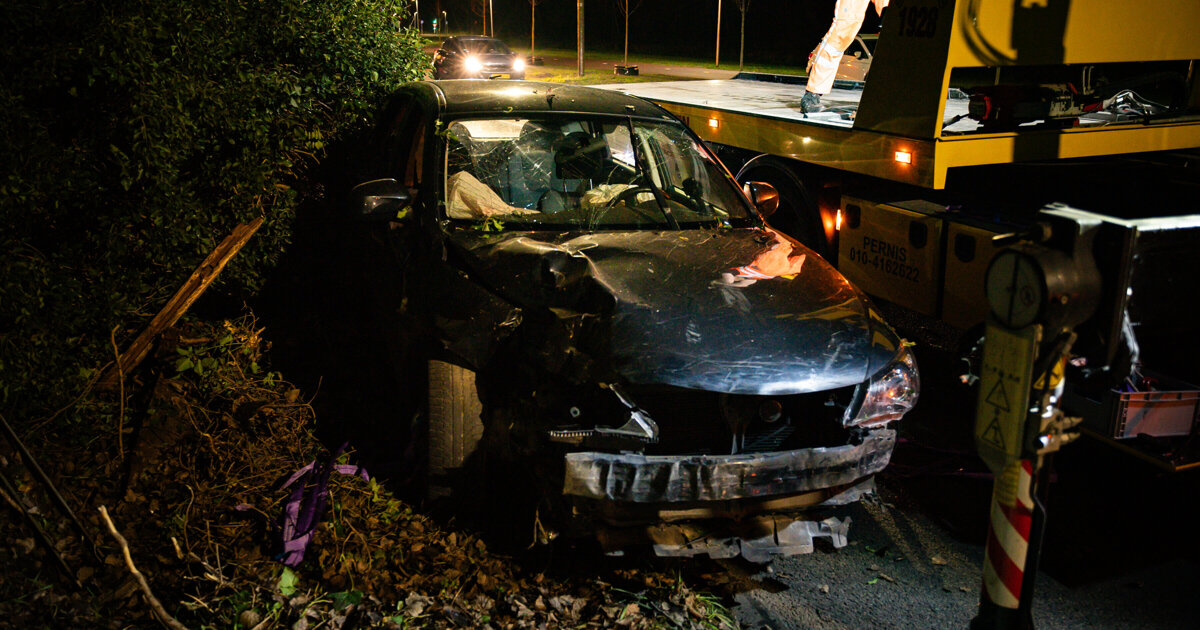 Auto belandt in bossages en raakt hekwerk op Baljuwlaan
