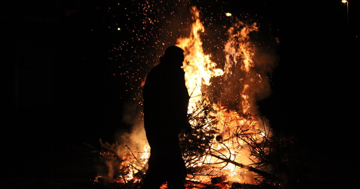 Brandweer blust in brand gestoken kerstbomen